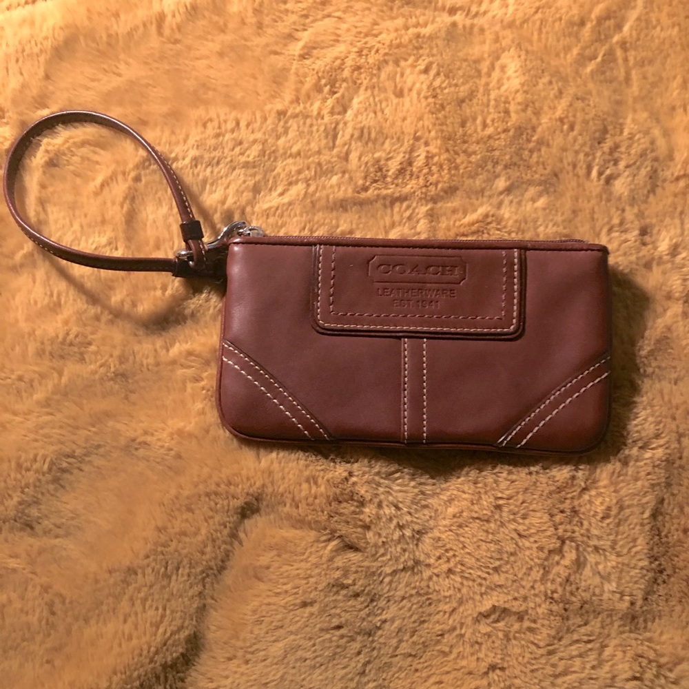 Coach Brown Top Zip Leather Wristlet